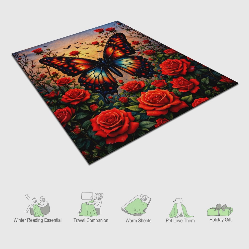 NEW Butterfly Red Rose Plush Throw Blanket Cozy Floral Gothic Home Decor - Picture 5 of 6